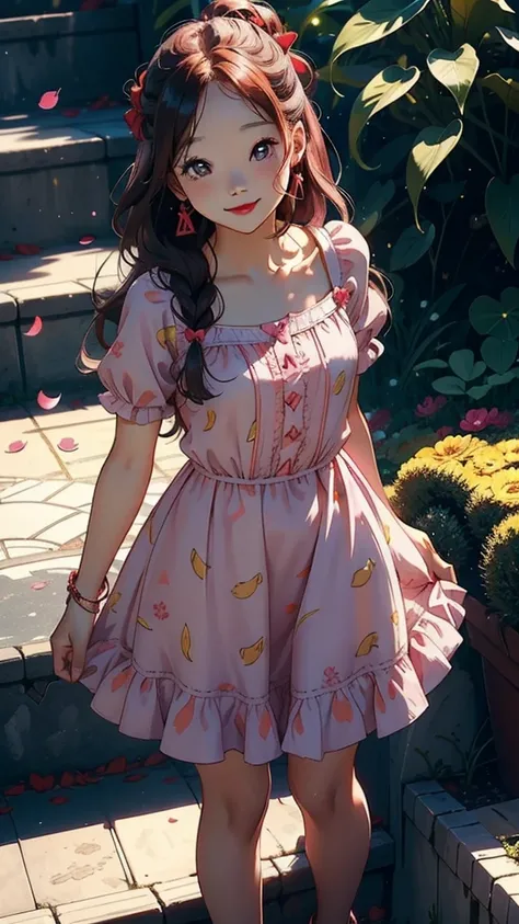 one girl, sunny day, summer dress,(jang wonyoung), long hair, pink frilly clothes, smiling, red lips, light and shadow