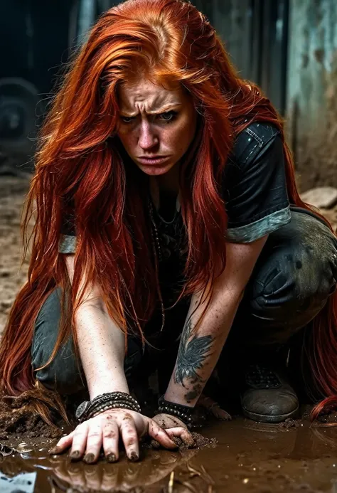 sublime redhead crouching with a deeply disgusted look looking at the ground, disgusted look, disgusting object , very detailed ...