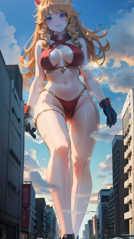 Giant Girl 50,000 feet high，Have a pair of long legs，Have a pair of huge breasts,Have a pair of huge breasts，Wearing a red bikini，Waist-length blonde hair，Loose hair，Wear a pair of Mary Janes，Blonde curly hair，Full of enjoyment，Standing tall in a crowded c...