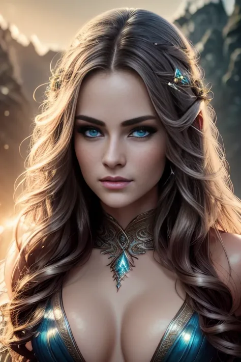 a sensual female elf, elven goddess, beautiful detailed eyes, beautiful detailed lips, extremely detailed face and portrait, long eyelashes, intricate detailed fantasy character, elegant flowing dress, dramatic lighting, cinematic composition, vibrant colo...