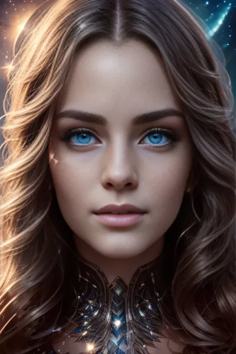 a girl agent of stars, beautiful detailed eyes, beautiful detailed lips, extremely detailed eyes and face, long eyelashes, cinematic lighting, ethereal, magical, fantasy, glowing, cosmic, galaxy, stars, nebula, surreal, dreamlike, whimsical, elegant, grace...