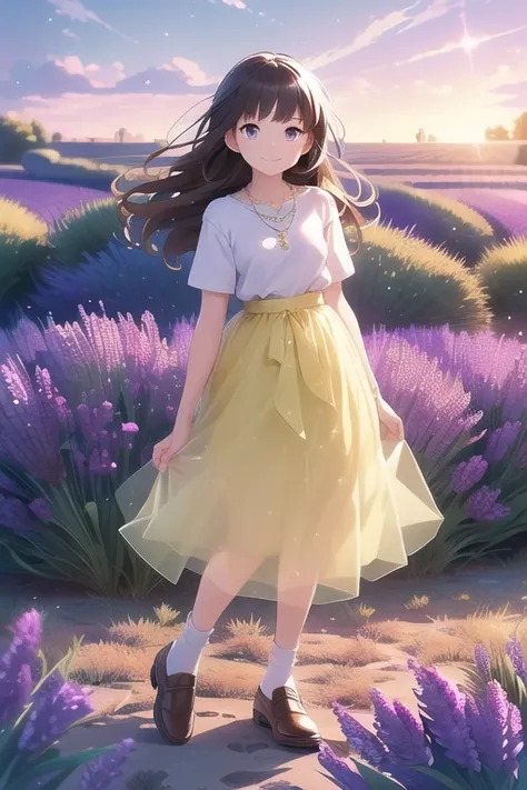 ((highest quality)), ((masterpiece)), (detailed), Perfect Face, anime, Ultra-fine illustration, ((1 person)), Cute girl, smile, (Lavender Fields:1.2), summer, ((Yellow long skirt)), Tulle Chiffon, White blouse, White socks, necklace, watch, Brown loafers, ...