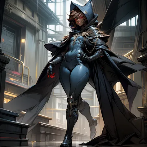 1boy, Femboy, superhero, crossdresser man, teenager, with a dark blue with red accents full body Spandex crow themed suit, with a blue cape, a blue glowing decal in the chest, black gloves and black boots that resemble crow feet, and a hoodie, long technol...