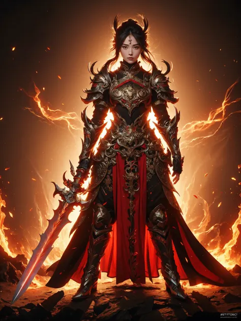 (masterpiece, top quality, best quality, official art, beautiful and aesthetic:1.2), (1girl),craft a Hyper-realistic portrayal of a futuristic (1girl1.2), Japanese character donned in intricate armor surrounded by captivating flames, an epic long (sword:1....