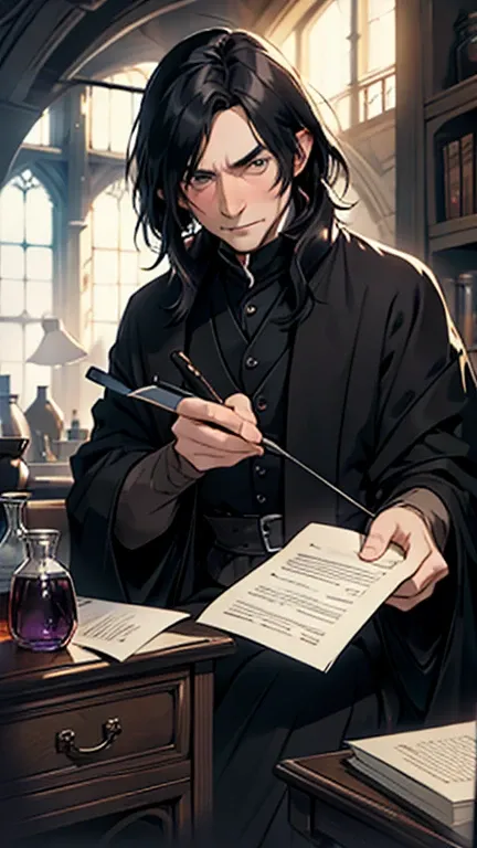 severus snape, sitting at desk, writing on paper, open books on desk, looking at viewer, annoyed look, handsome, slight blush, p...