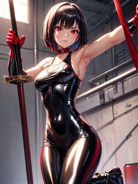 solo girl,Glossy metalic light silver tank top, tight latex shiny, Red interpolation color,Black hair bob,red eyes, camel toe, Samurai Sword,
Lift one leg, sexy lady,, naked girl,