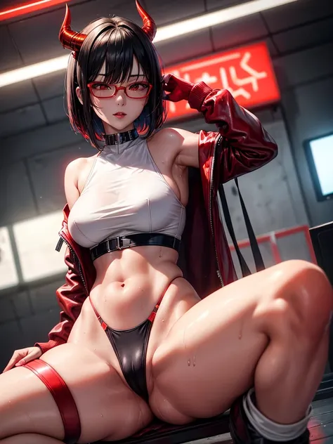 Beautiful girl,Korea, sitting among red light neon, futuristic,
 18 years old,Short hair, shoulder length,black hair, medium breasts,wet, sweat, camel toe, red lips ,Wear glasses,
White underwear, sexy pose,
 red eyes, cyberpunk  world, Squat and spread yo...