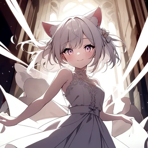 Girl with cat ears　White dress　Wink　front　Ｖsign