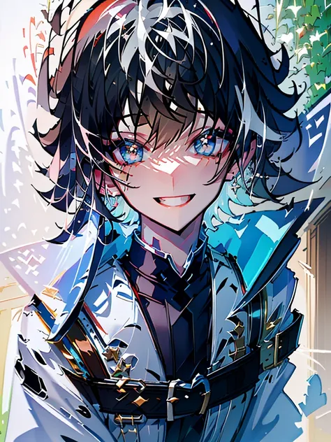 ((absurdres)), hd, uhd, (((HDR))), ((best quality)), (ultra high quality), (hi-res), (cowboy shot), ((1boy)), charlemagne(fate), black hair, blue eyes, multicolored hair, two-tone hair, ((happy expression)), (smiling), cute, facing camera, ((looking up at ...