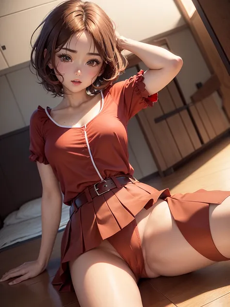 Anime image quality、32years old、Beautuful Women、brown haired、short-hair、poneyTail、Red blouse、Red mini skirt、Red pleated skirt、red knee-high boots、Red panties、FULL BODYSHOT, Camel petals, Spread your legs, wet, bare,