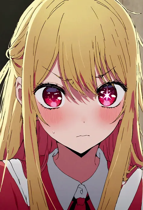 disgusted look, hoshinoruby, star-shaped pupils, ruby_hoshino, blonde hair, bangs, 1girl, pink eyes, long hair, looking at viewe...