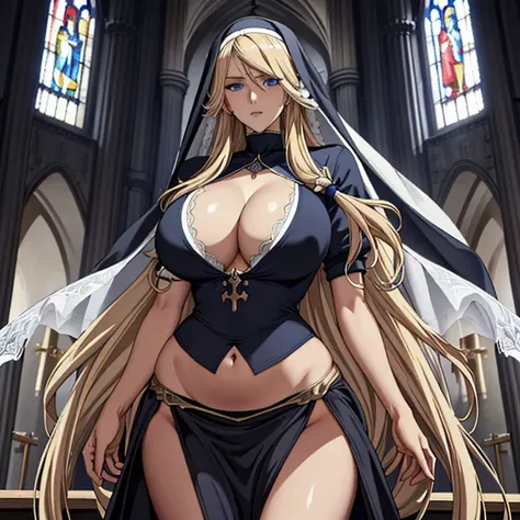 (highest quality),(masterpiece),
({Alicia, Dynamic pose:1.5},(alone),blue eyes,Blonde Hair ,Very long hair, Hair between the eyes,Straight hair),
(Huge breasts, Cleavage, belly button),
(Veil,black nun uniform, double slit pelvis curtain, Chest Curtain),
(...