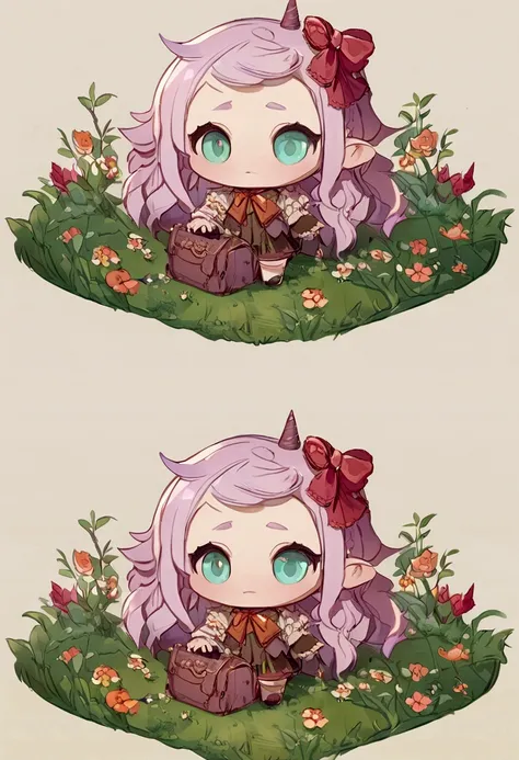 A cute chibi style unicorn drawing，With a bow，Surrounded by beautiful flowers on the grass, Concept art in 8K resolution [Style-Sylvamagic],( intricate details:1.2), beautiful eyes, sunshine, (high quality:1.2), Popular content on artstation, 8K, case, (cl...