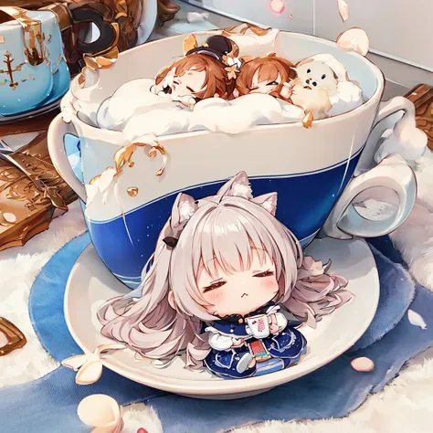 Little fairy、Living in a coffee cup、highest quality、masterpiece、Official Art、16ｋ、so beautiful、Very detailed、Ultra-fine、Confused、A warm, pastel-colored world、Cute and fluffy、Chibi sleeping in a coffee cup、Close your eyes and take a nap.、