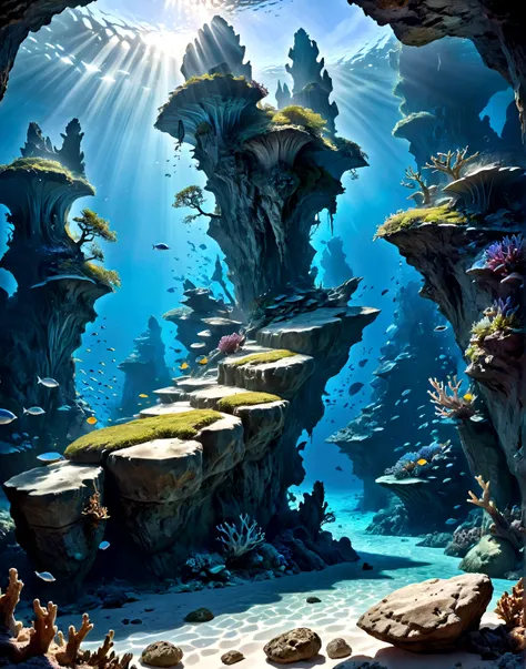 (best quality,4k,8K,High resolution,masterpiece:1.2),Extremely detailed,(Practical,photoPractical,photo-Practical:1.37),Underwater,bright blue water,rock formations,fantasy,mystery,Dramatic lighting,Movie,Ethereal,Luminescence,serene,peaceful,atmosphere,Dr...