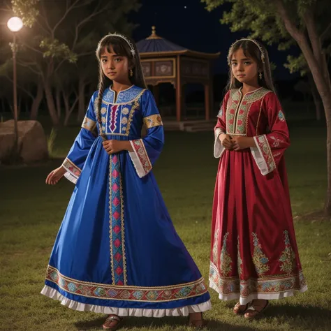 Highest quality、high quality、10 years old、Brightly embroidered ethnic costumes from Central Asia and the Caspian Sea region、Girl of the bride、Moonlit Grassland、moonlight、Long dress