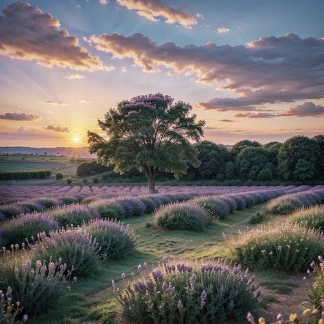 Stunning lavender field landscape Summer sunset with single tree