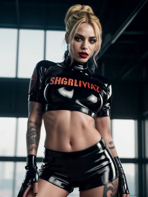 Harley Quinn dominatrix, slim body, small breasts, erotic, realistic, close-up full body shot, detailed facial features, intricate tattoos, glossy latex outfit, dark moody lighting, backlight light, atmospheric background, dramatic poses, cinematic composi...