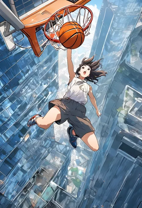 (masterpiece), (highest quality),anime style、a female basketball player jumps from the ground to dunk on a basketball goal on th...