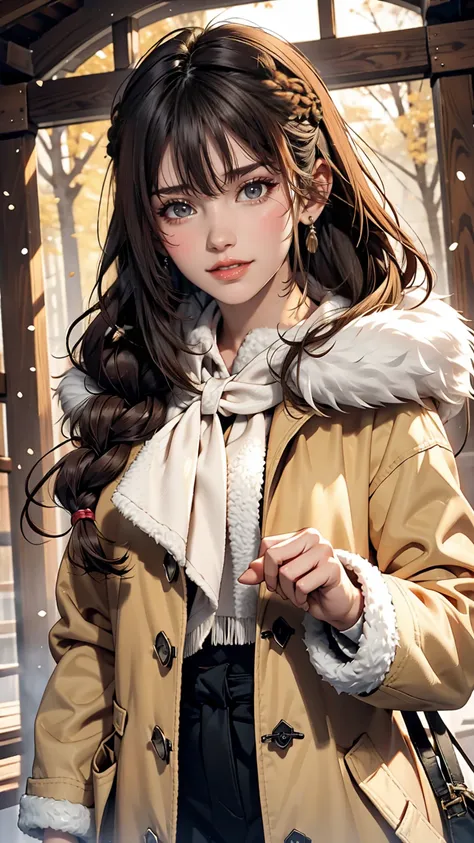 osaki amana, One girl, Have, gloines, Long Hair, 一人in, White Background, fur Have, smile, Brown Hair, looking at iniewer, Yellow Eyes, Simple Background, Fur trim, Open your mouth, coat, blush, Winter clothes, Braiding, white coat, in, long sleeines, bangs...