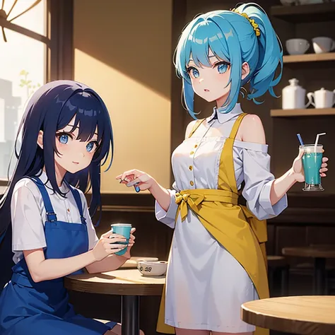 ，blue hair，The big milk tea-colored eyes are bright and energetic，yellow dress，about 10 years old，Sit in the café，eyes looking around，There is a cup of fruit tea on the table，Open your mouth slightly，Warm lighting，Enhance light and shadow