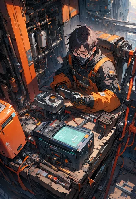 Ridiculous resolution, high resolution, (masterpiece: 1.4), Ultra Detail, Young man with messy short black hair and glasses dressed as welder, A very high-tech robotic arm workbench