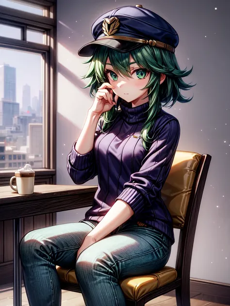 1 Girl, One, coffee shop, green hair, cap, sweater, jeans, sitting on a chair, dynamic pose, in room, 