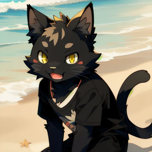 Black Cat，((kemono))，(Man with cat features)，Playful，all black fur，furry, (Casual holiday outfit)，(Beach shirt)，Simple background，cute，Playful，high resolution，Best quality，Characteristics of cats，Solitary，Happy atmosphere，happy