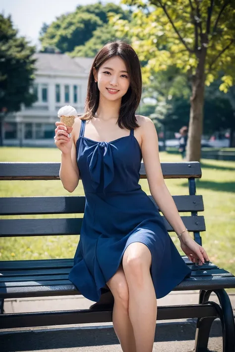 highest quality, flying debris, Realistic, High resolution, 8k　RAW Photos,alone, One Girl, 30 years old、Eat soft serve ice cream、smile、(((White Edge、Navy Blue Dress)))、High heels、Hold the soft-serve ice cream in both hands、On a park bench