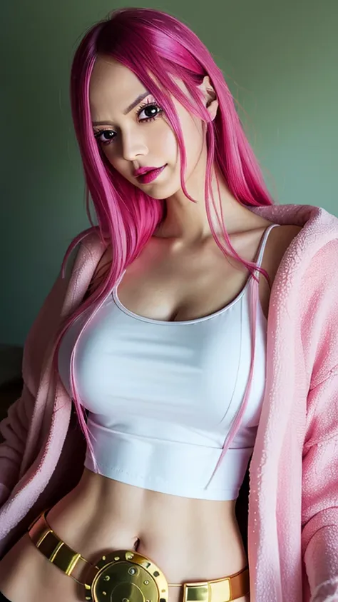 (solo),full body shot,one piece,((jewelrybonney)),future island future clothes,cosplay,close-up of a female figure dressed in pu...