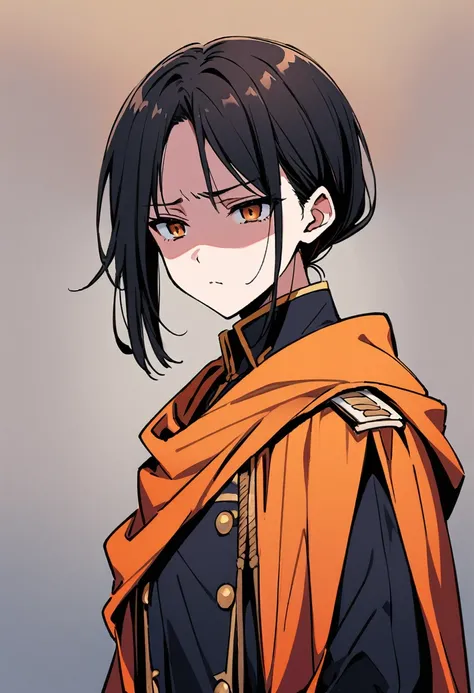 Long black hair white 17 year old girl wearing military uniform, Orange cape, Disgusted look, Big brown eyes, Science Fiction, dark mood, 