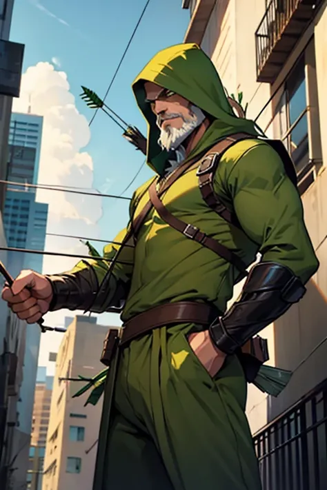 the green arrow, shooting, an arrow. wearing green mask, with white eyes, yellow beard. standing on top of a building