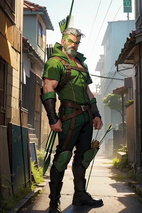 the green arrow, shooting, an arrow. wearing green mask, with white eyes, yellow beard. standing on top of a building