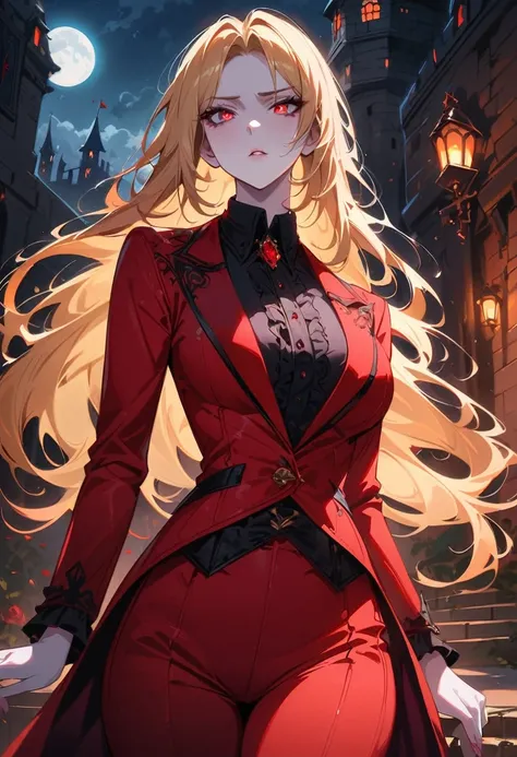 masterpiece, best quality, (Focus only), (Perfect face:1.1), (High Detail:1.1), (Extremely detailed eyes), Dramatic, vampire, 1 person, (Pale skin), Long blond hair, (Red iris), Disgusted look, long hair, moon, night, Red luxury suit, Pursed lips, castle, ...