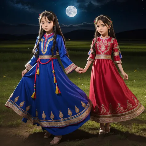 highest quality、high quality、10 years old、brightly embroidered ethnic costumes from central asia and the caspian sea region、girl...