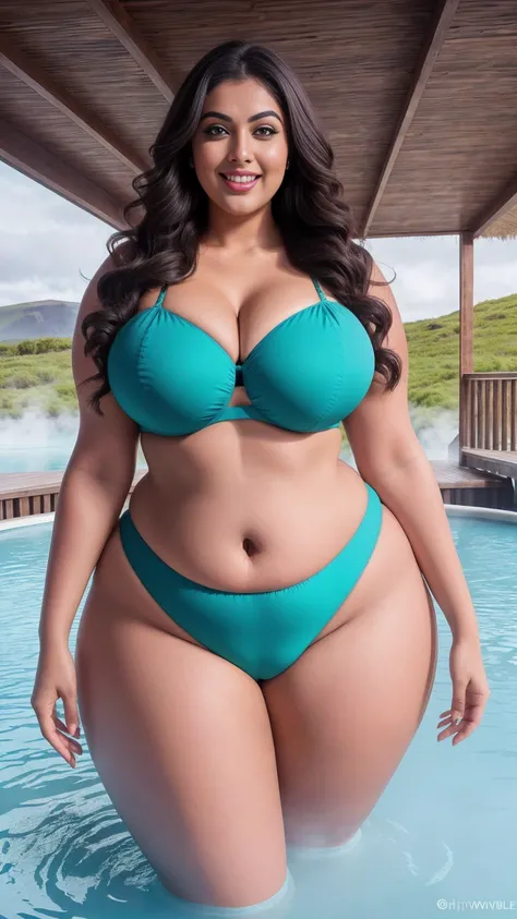 Indian gorgeous curvy plus size actress madhubala, glowing eyes, wearing SHEIN Swim Vcay Summer Beach Plus Size Womens Cross Design Bikini Top And High Waisted Dotted Bikini Bottom

Color: Green
, parted lips, thick thighs, bigger waist, busty, curvy plus ...