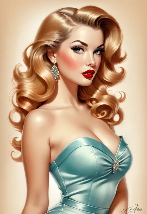 Un dibujo de una mujer con cabello largo y un vestido, Airbrush illustration, by Ric Nagualero, Anna Dittmann Alberto Vargas, arte pin-up, dibujado al estilo de artgerm, por Randy Vargas, beautiful gorgeous digital art, hermoso arte digital, inspirado en a...