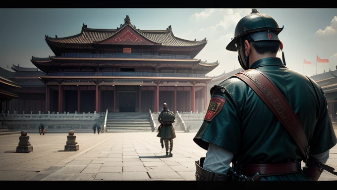 Quality, Ultra-high resolution，masterpiece, （reality，detailed，close）Classical Chinese architecture，A heavily guarded palace，Soldiers on patrol，gun，Dark Sky