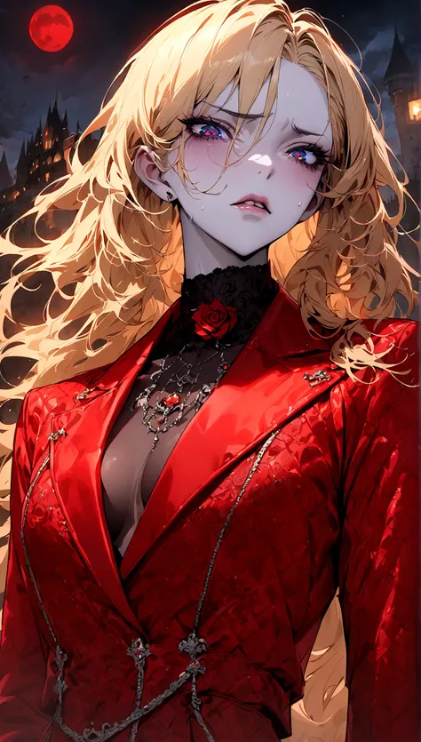 masterpiece, best quality, 1 Vampires, (Pale skin), Long blond hair, Disgusted look, moon, night, Red luxury suit, Pursed lips, castle, Detailed background, Red rose, Fashion, (Focus only), (Perfect face:1.1), (High Detail:1.1), (Extremely detailed eyes), ...