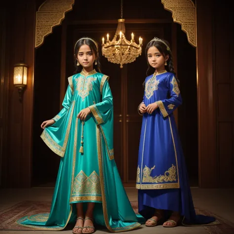 Highest quality、high quality、10 years old、Brightly embroidered ethnic costumes from Central Asia and the Caspian Sea region、Girl of the bride、Moonlit Grassland、moonlight、Long dress