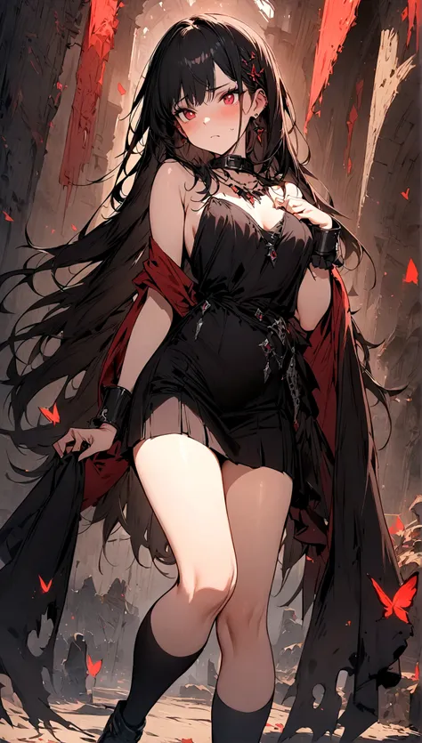 (Dark Fantasy),(Wonderful illustrations),Black long hair, Red pupil, Disgusted look, girl, Pure black dress, Only the collar, The cuffs and skirt are dark red, There is a red butterfly hairpin on the side of the ear, masterpiece, best quality, high quality...