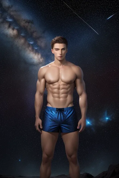 (masterpiece, high resolution, detailed:1.3), a mesmerizing depiction of a (strikingly handsome young man:1.2) donning (sleek and form-fitting swim trunks, bulge:1.2), standing against the backdrop of the vast and mysterious cosmos. His (toned physique:1.2...