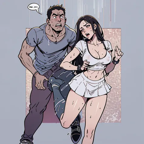 Sexy Manga Comic Sensual Wet Brunette Girl White T-Shirt V-Neckline, Black Skirt With High Heels, In A Sensual Pose big boobs big hips Small waist juicy legs big butt ass, Xxx, +18, She Is Kicking A Man In The Crotch, The Man Has Pain In His Face And Cries...