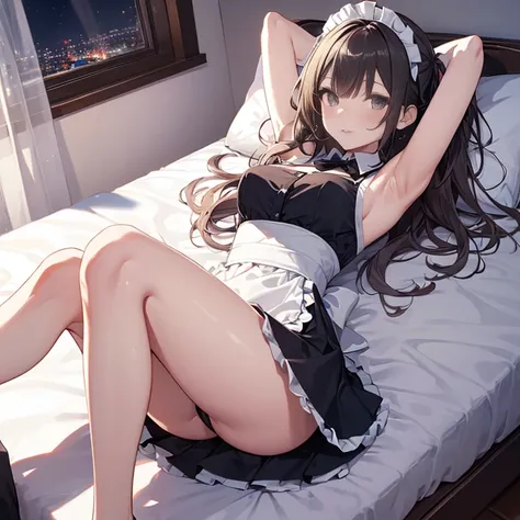 A maid, (in bedroom), various hair styles, night, details face, short skirt, seducing, sleeveless, maid uniform, armpits, laying on bed