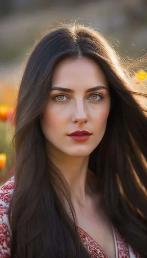 Portrait of a young woman with long dark hair, which blows in the wind.
Flowers of different colors are woven into her hair, in particular white and red, which add natural beauty and romance to the image.
Her face is partially lit with soft, warm light, wh...