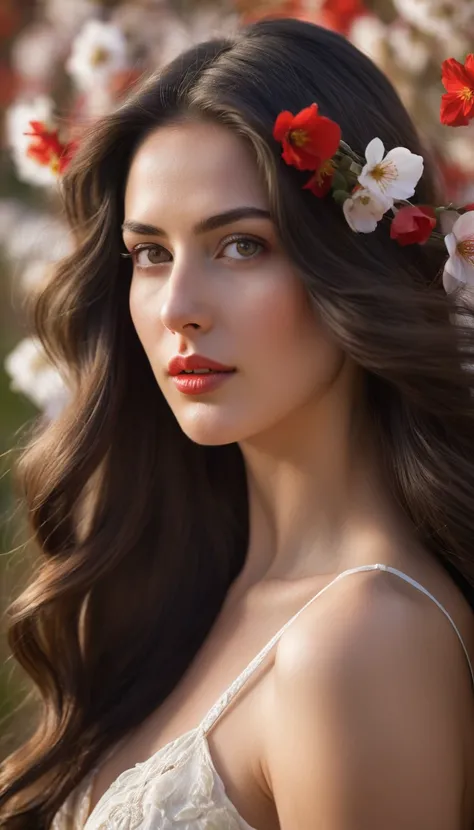 Portrait of a young woman with long dark hair, which blows in the wind.
Flowers of different colors are woven into her hair, in particular white and red, which add natural beauty and romance to the image.
Her face is partially lit with soft, warm light, wh...