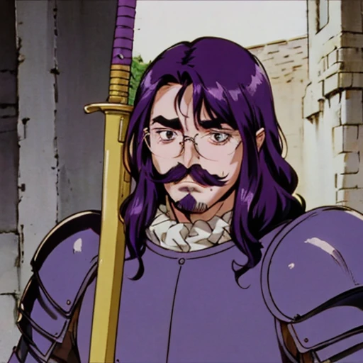 mbti=ENTJ homem com bigode pequeno, oculos, purple hair and knight armor and sword in hand