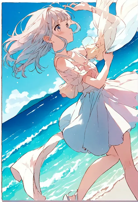 One cute girl in pastel colors, illustration, clear summer sunlight, blue sea, azure sky, cloth, dancing in the wind, highest image quality