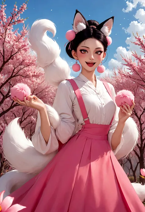 Nine-tailed fox demon，Beautiful face，beautiful eyes，Pink Eyeshadow，laughing out loud，Fangs，Big fluffy tail，Black high bun，Forehead hair，Pink pompom earrings，Long suspender skirt，绿色hand镯，hand，Spells，Peach Garden，Petals in the sky，dreamlike