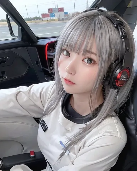 Space view from the window:1.5、最high quality、Best image quality、masterpiece、With a girl((Tight spacesuit、20-year-old、 Ager、cute、,beautiful shining gray eyes,Great Valley、 Disheveled silver hair、Long Hair、Slender,Headphones、Sit in the cockpit、 face、Anxious ...